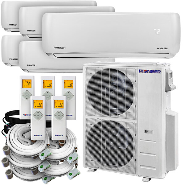 A white Pioneer Series Multi Split AC / Heat Pump System with three air conditioners and two heaters.