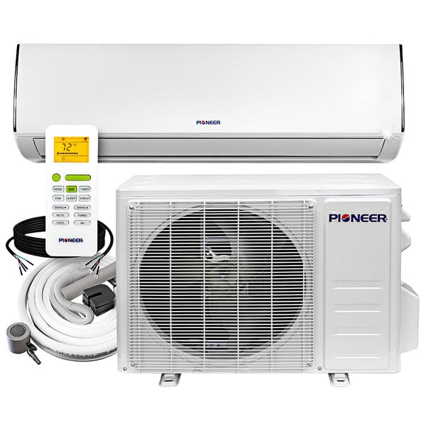 A white Pioneer Diamante Series wall mounted ductless mini split AC / heat pump system with a white remote control.