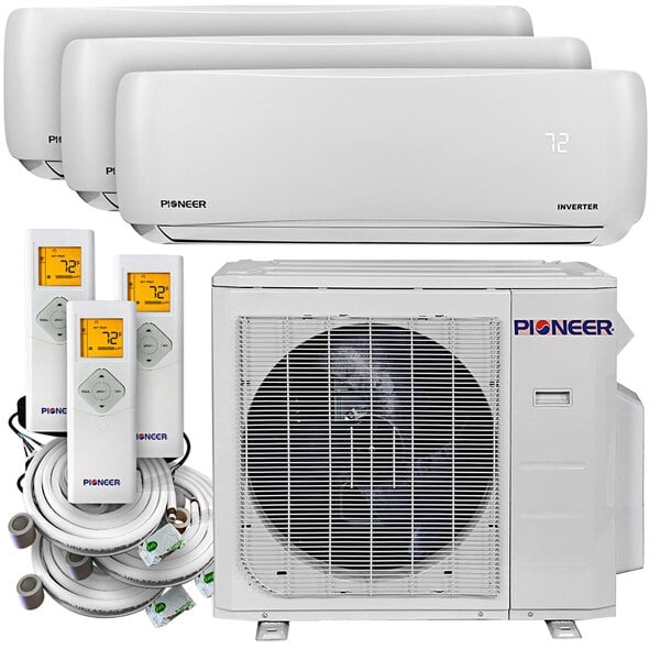 A white rectangular Pioneer multi split AC / heat pump system with a white border.