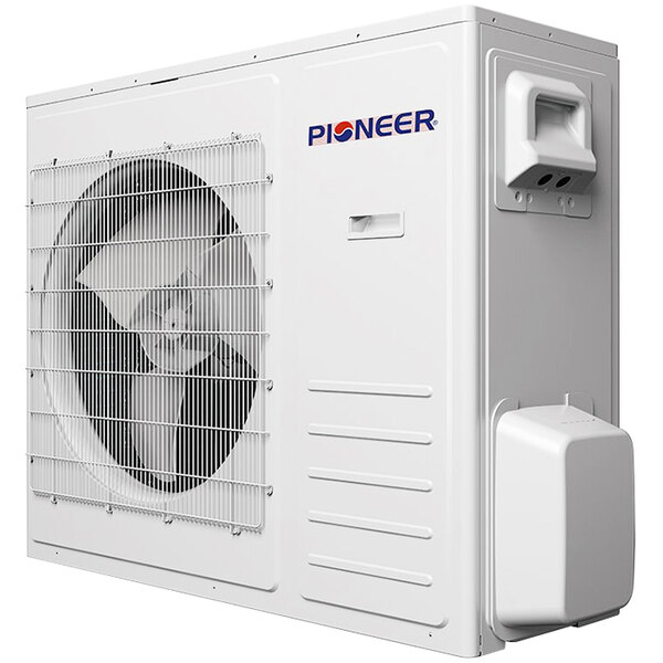 A white rectangular Pioneer central air system with a black top and a fan inside.