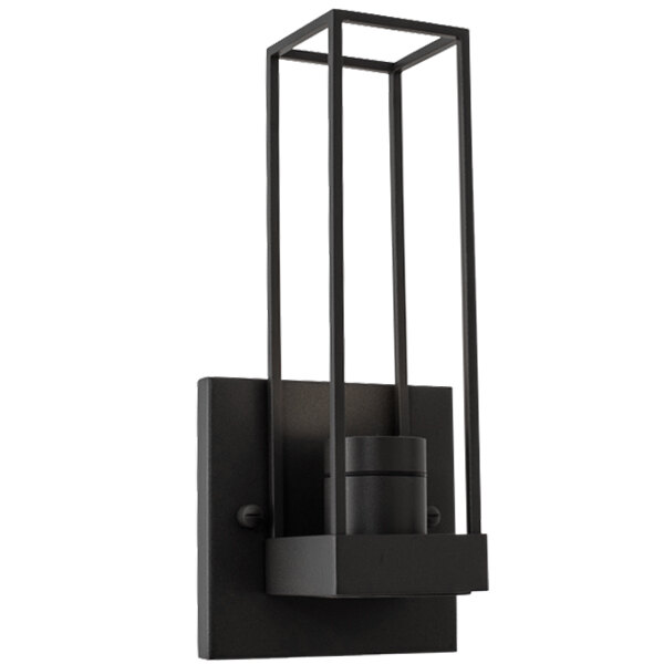 A Kalco Eames black metal wall sconce with a square frame and metal bars.