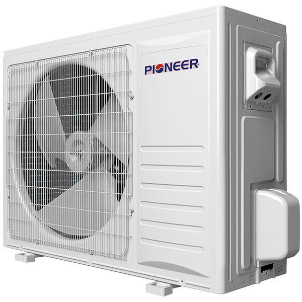 A white rectangular Pioneer central air system with a fan inside.