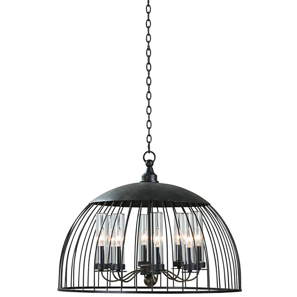 A Kalco Ludlow chandelier with a caged shade.