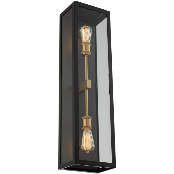 A Kalco Ashland medium wall sconce with a black and gold metal frame holding two light bulbs.