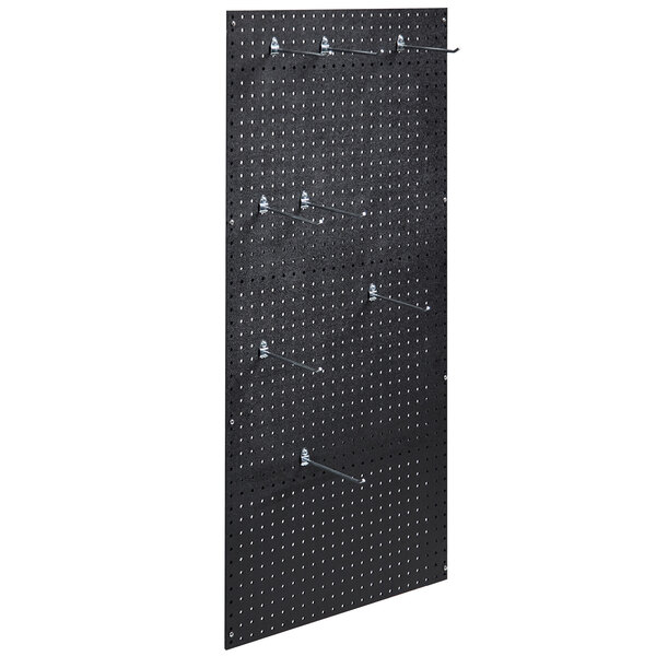 A black Cambro Camshelving® pegboard kit with pegs.
