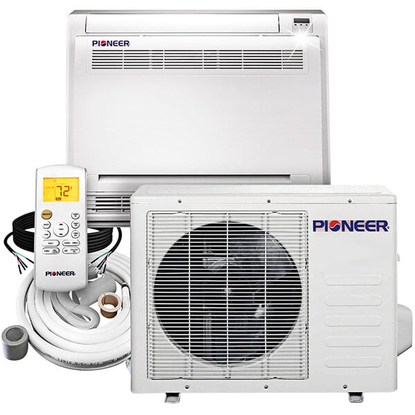 A white Pioneer ductless mini split air conditioner with a remote control.