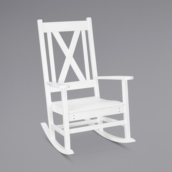 A white POLYWOOD Braxton porch rocking chair.