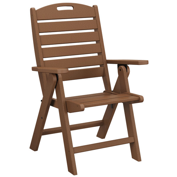A brown POLYWOOD Nautical folding chair with armrests.