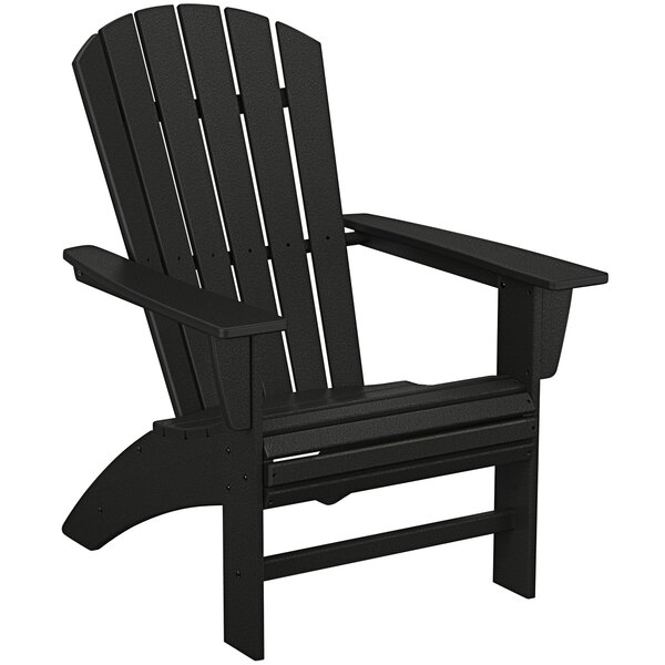 A black POLYWOOD adirondack chair with armrests.