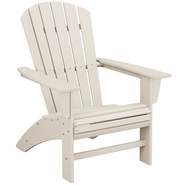 A white POLYWOOD adirondack chair with curved armrests.