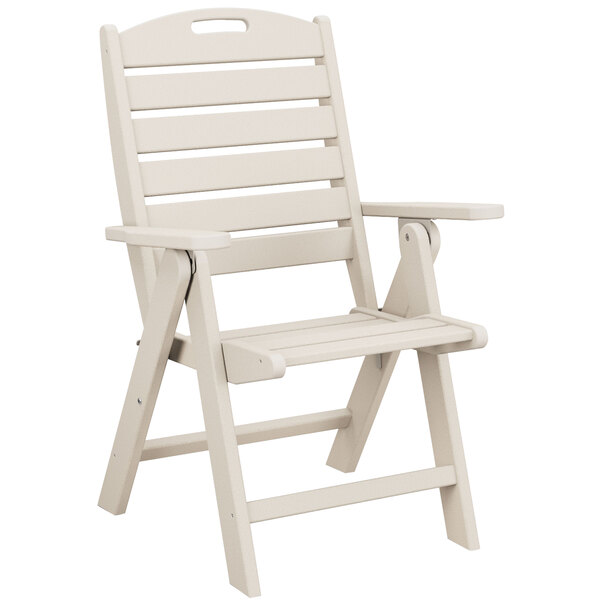 A white POLYWOOD folding high back chair with wooden armrests.
