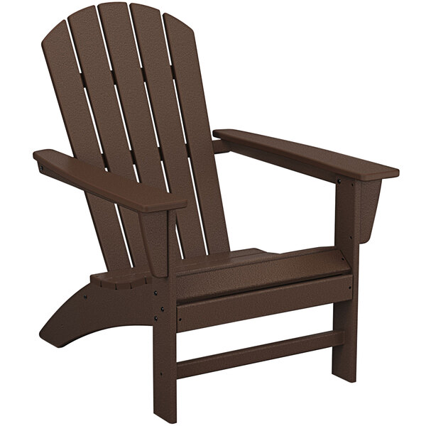 A brown POLYWOOD Adirondack chair with armrests.