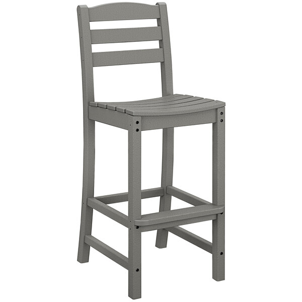 A POLYWOOD La Case Cafe Slate Grey bar side chair with a wooden seat.