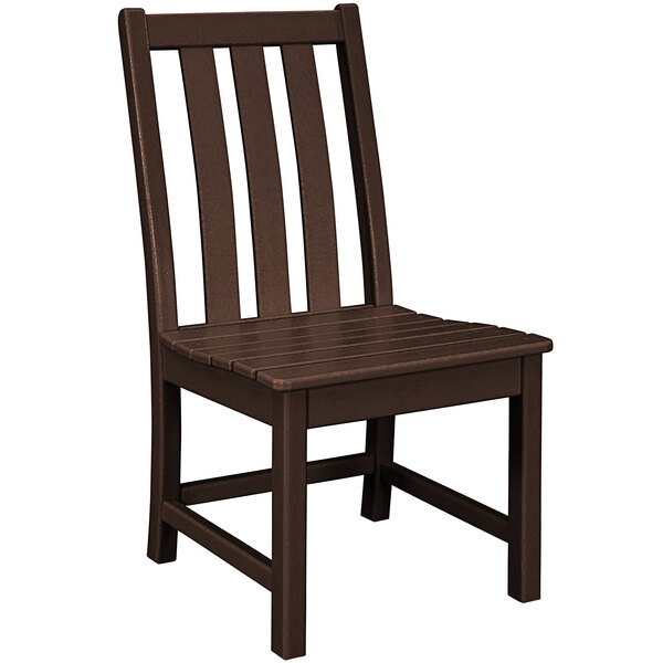 A brown POLYWOOD Vineyard dining side chair with a slatted back and seat.