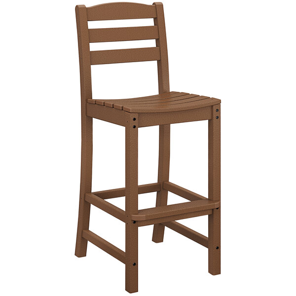 A POLYWOOD teak bar side chair with a seat and back.