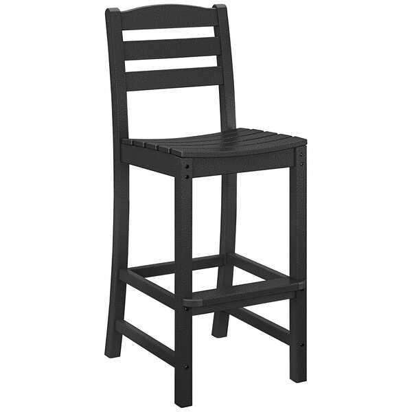 A POLYWOOD La Case Cafe black bar side chair with a wooden seat.