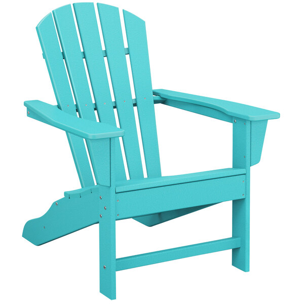 A POLYWOOD Palm Coast Aruba Adirondack chair with armrests and a teal blue seat.