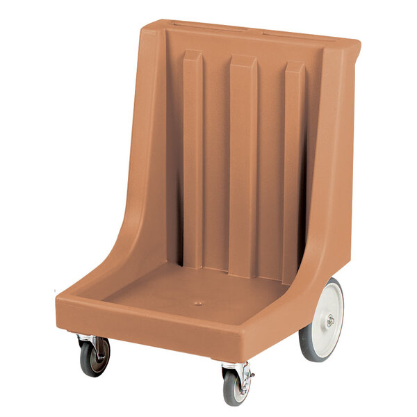 A brown plastic Cambro Camdolly with wheels.
