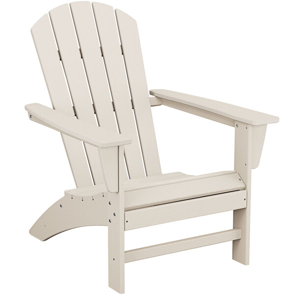 A white POLYWOOD Adirondack chair with wooden armrests.