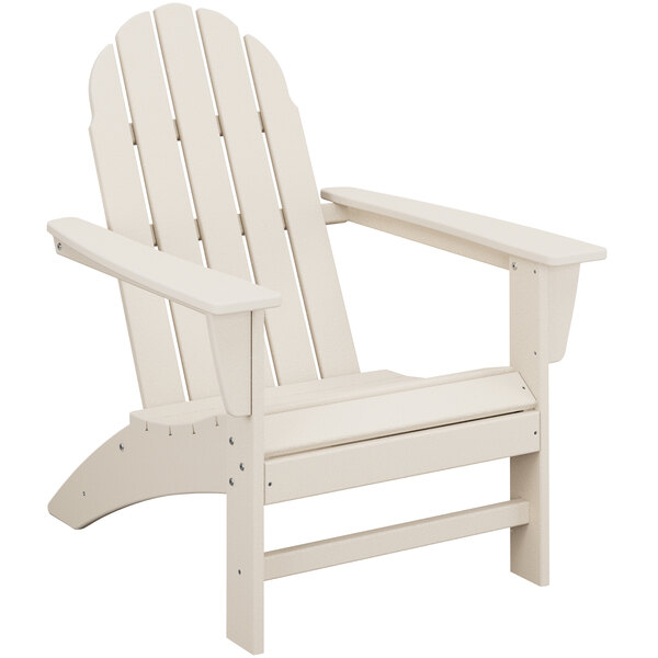 A white POLYWOOD adirondack chair with armrests.