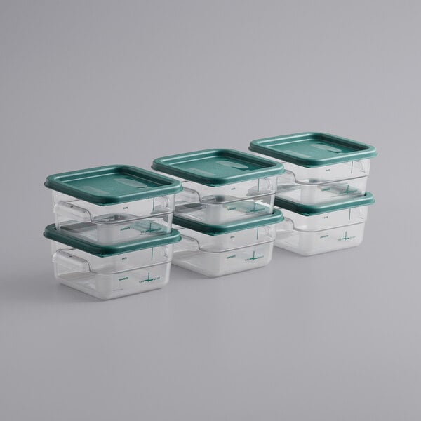 Vigor 6 Qt. Clear Square Polycarbonate Food Storage Container and Red Lid -  4/Pack