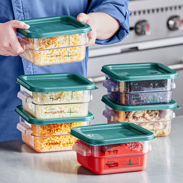 Vigor 2 Qt. Clear Square Polycarbonate Food Storage Container and Green Lid  - 6/Pack