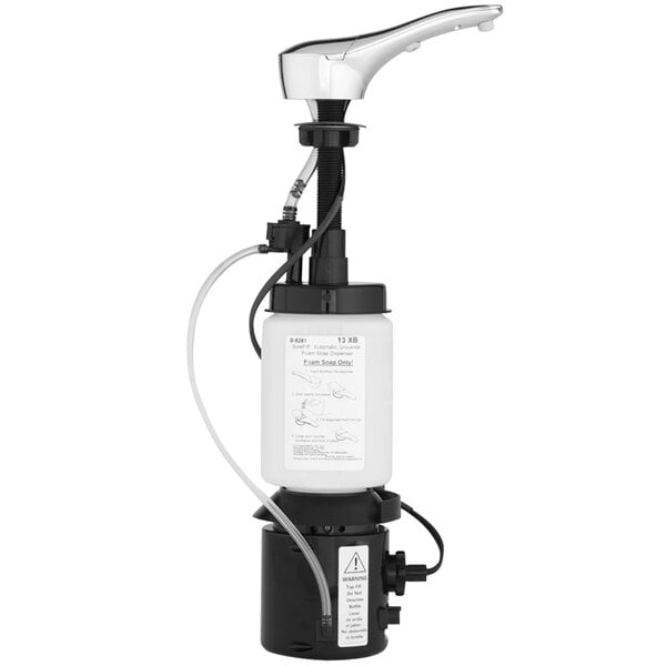 A white and black Bobrick SureFlo foam soap dispenser pump.