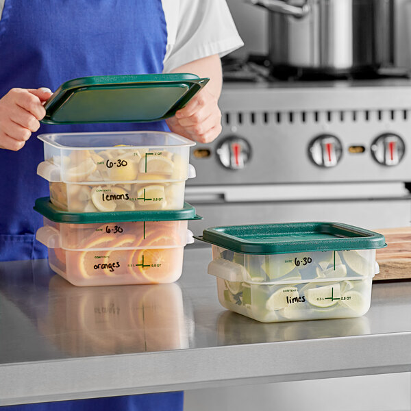 Vigor 2 Qt. Clear Square Polycarbonate Food Storage Container and Green Lid  - 6/Pack