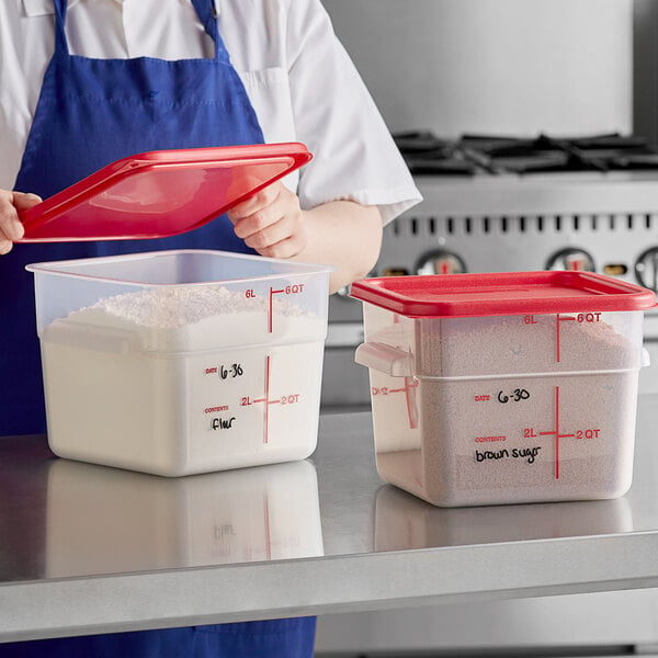 Vigor White Square Polyethylene Food Storage Container and Red Lid Set -  6/Pack