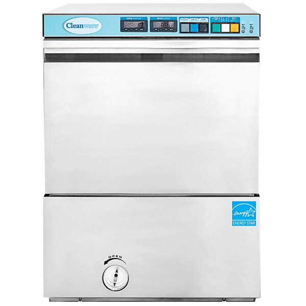 A white Jackson undercounter dishwasher with a black top.