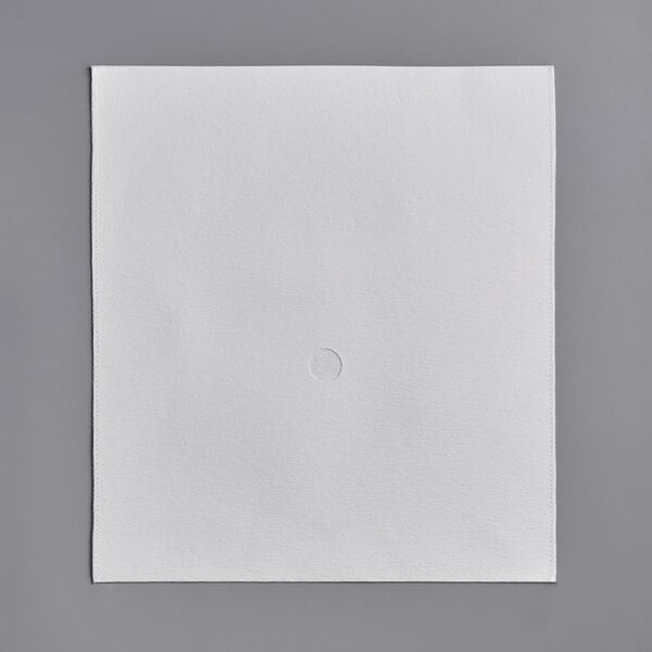 White square envelope style filter paper with a circle on it.