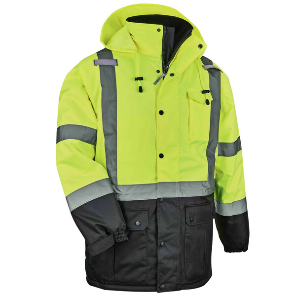 An Ergodyne lime yellow and black quilted thermal parka with reflective stripes.