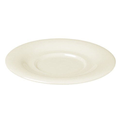 A white melamine saucer with a round rim.