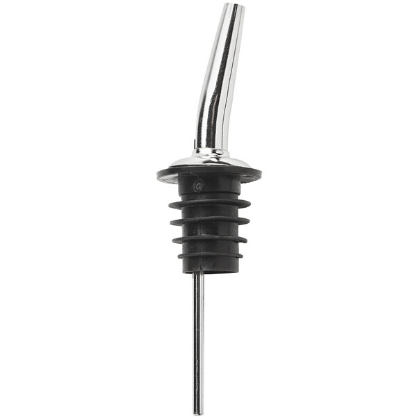 An American Metalcraft stainless steel liquor pourer with a black and silver metal stem and stopper.