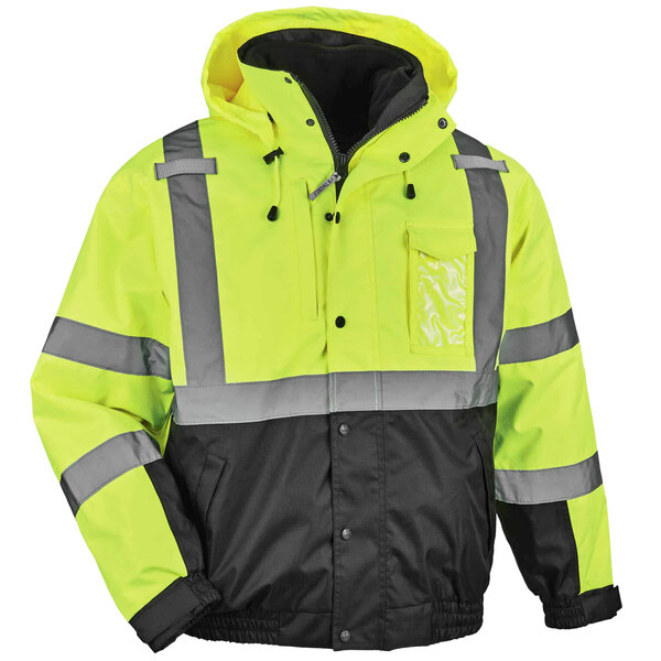 A yellow and black Ergodyne Bomber Jacket with reflective stripes.