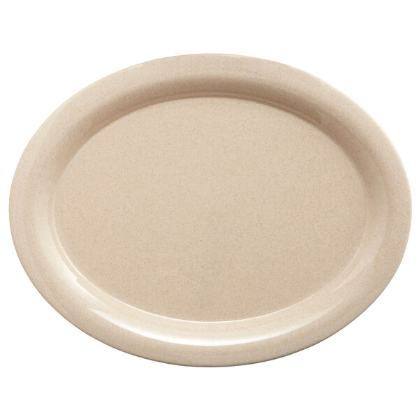A beige oval platter with a speckled rim.