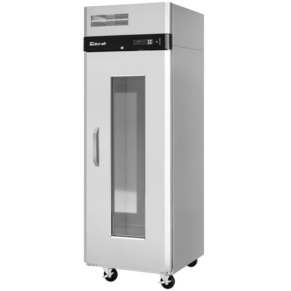 A stainless steel Turbo Air reach-in refrigerator with glass doors.