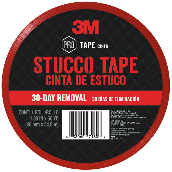 A red, black, and white 3M Stucco Tape roll with a barcode.