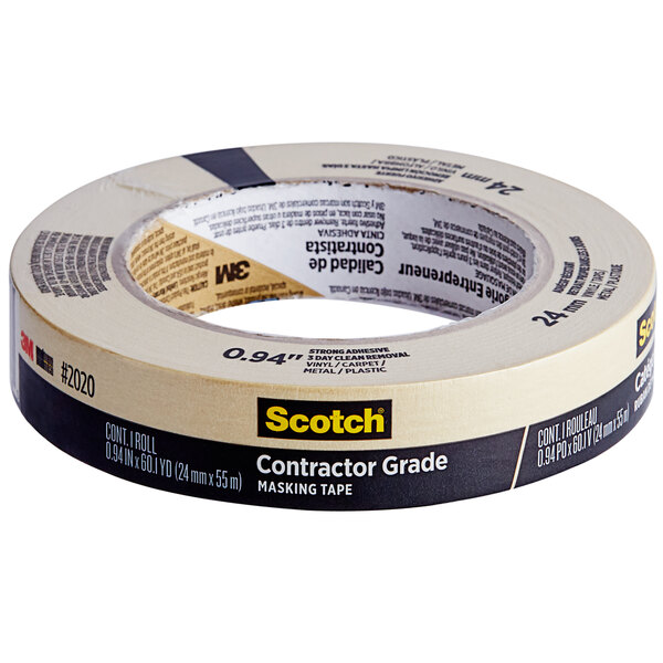 A roll of 3M Scotch Contractor Grade Masking Tape with black and white text on a white background.
