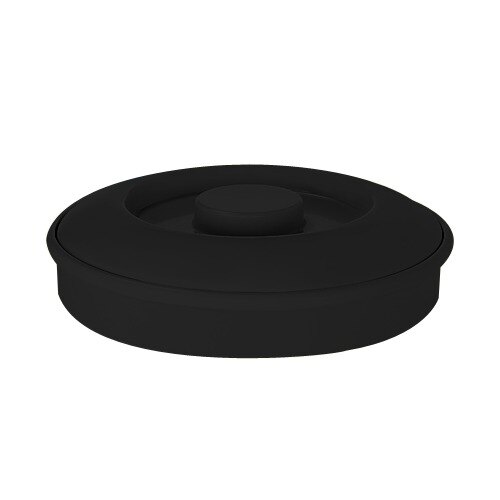 A black round container with a black lid.