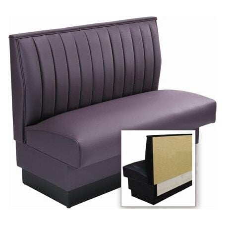 An American Tables & Seating purple booth with a black base and a black and white cushion.