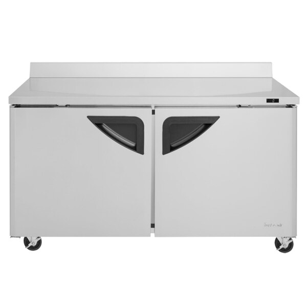 A white Turbo Air worktop freezer with black handles.