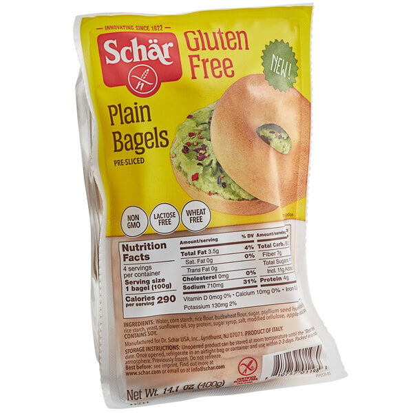 A Schar gluten-free plain bagel with a label.