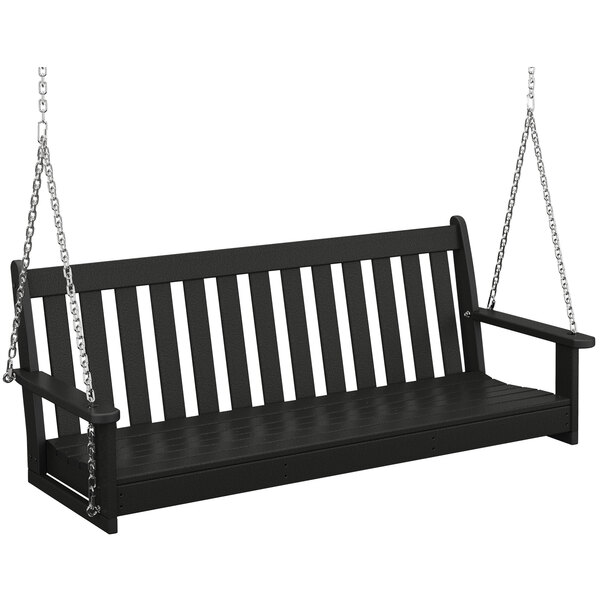 A black POLYWOOD wooden bench swing with slats hanging from chains.