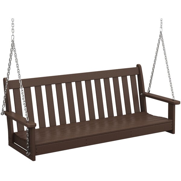 A brown wooden POLYWOOD Vineyard porch swing with slats and chains.