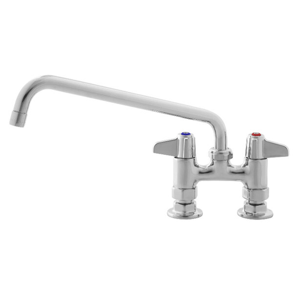 A chrome Equip by T&S deck-mounted faucet with a 14 1/8" swing spout and lever handles.