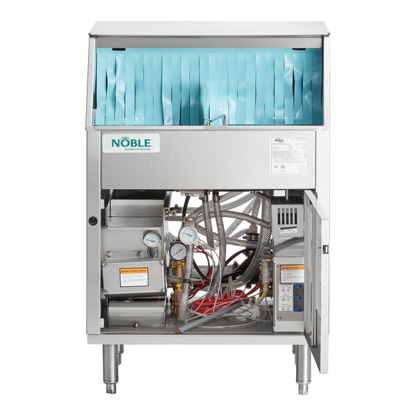 A commercial underbar glass washer with visible internal components and a stainless steel exterior.