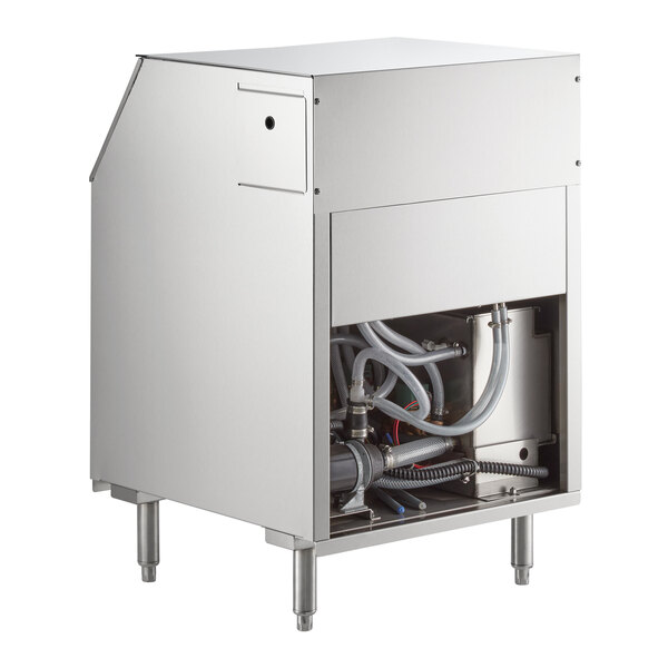 A stainless steel underbar glass washer with visible internal hoses and components.