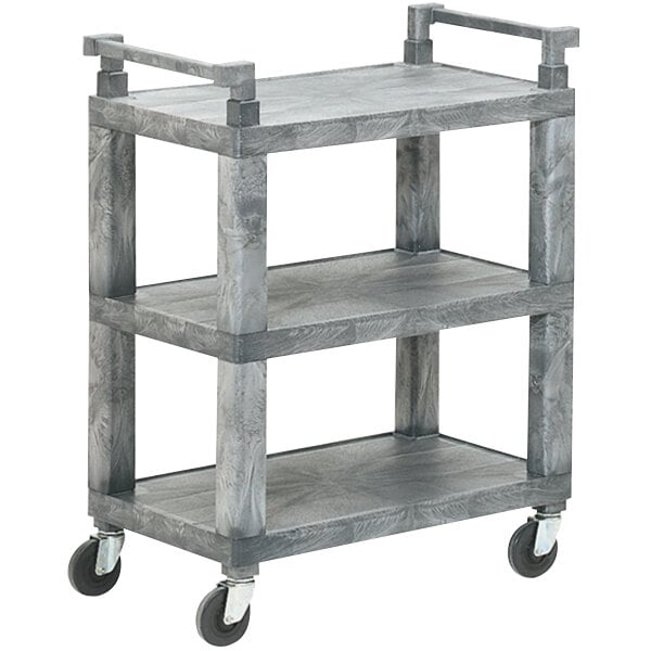 A grey Vollrath utility cart with three shelves and wheels.