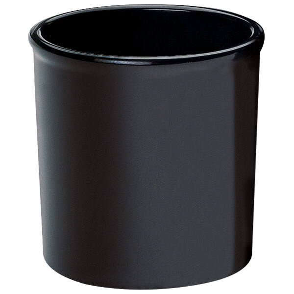 A black round melamine container with a lid.